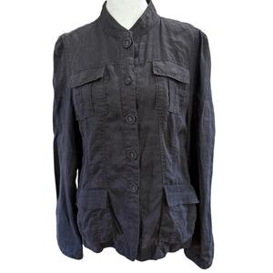 (FLAW) 100% Linen Blazer Jacket Womens Black Mandarin Collar Military Cargo MED